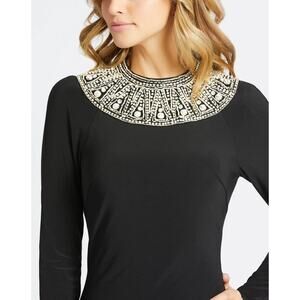 NWT Mac Duggal #25926 Black Jersey Long Sleeve Dress Beaded Neck Size 12